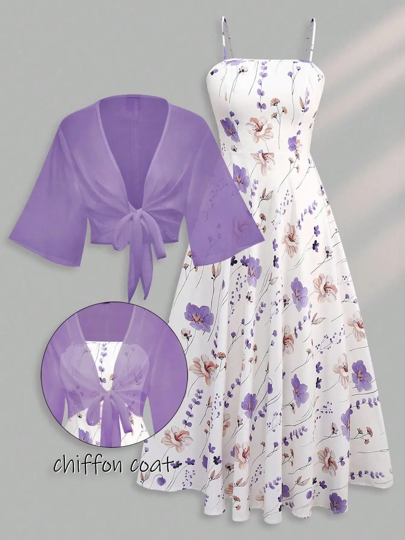 

Elegant Plus Size Floral Print Chiffon Dress And Wrap Cardigan Set For Summer Parties And Casual Wear
