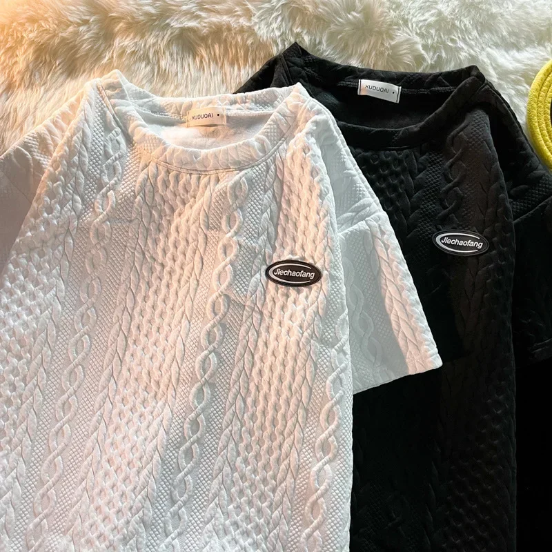 

Waffle short-sleeved T-shirt men's summer fashion brand simple twist half-sleeved top ins trend couple crew neck T-shirt