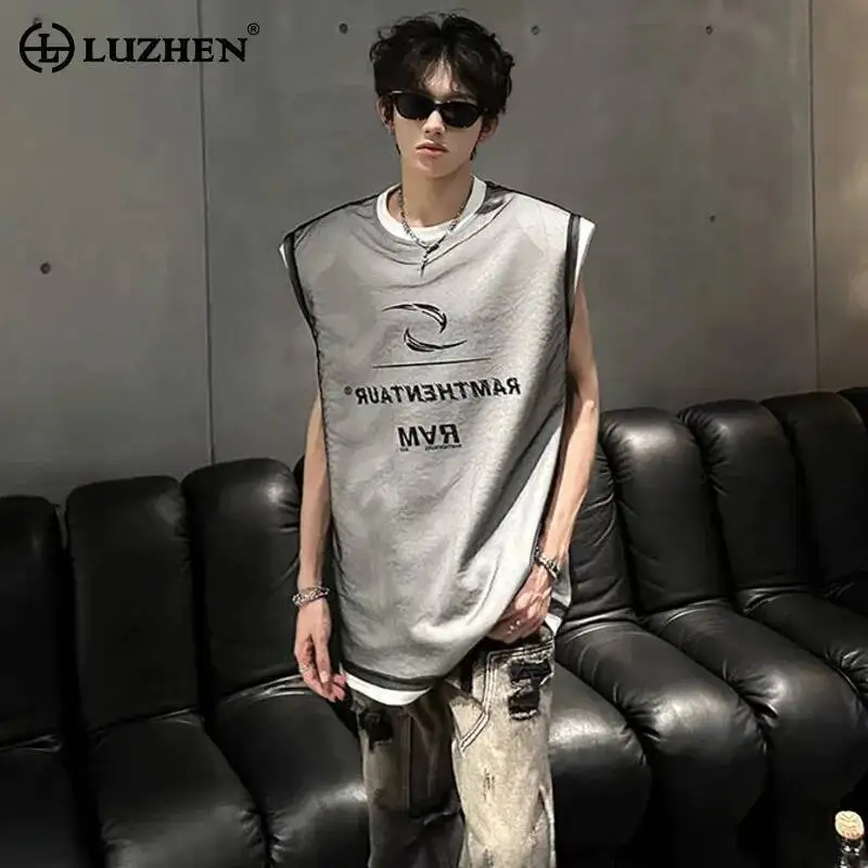 LUZHEN Piece Patchwork Fashion Design Gauze Fake Tank Two Tops Men's 2026 Summer Printed Shoulder Pad Sleeveless T-shirts JY7583