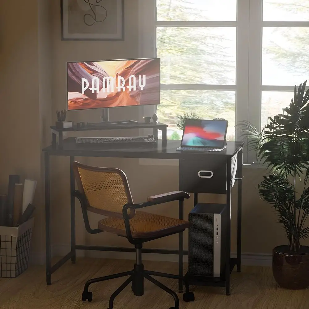 39 Inch Computer Desk with Monitor Stand Small Home Office Desks with Non-Woven Storage Drawer for Bedroom Study Table Writing a