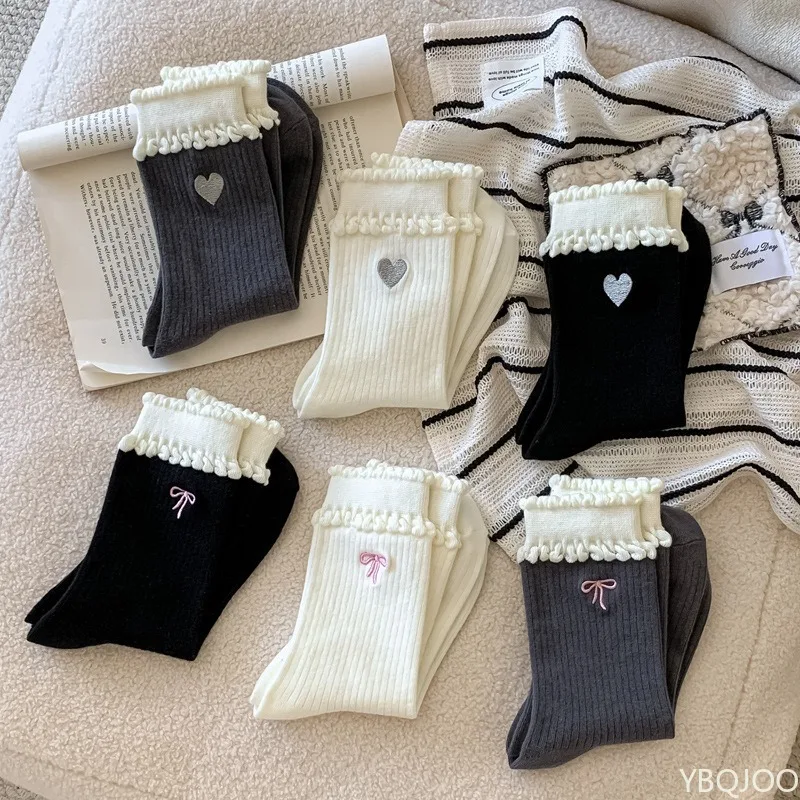 

6 pairs of spring new butterfly cotton socks embroidered with heart breathable versatile elegant comfortable long tube socks