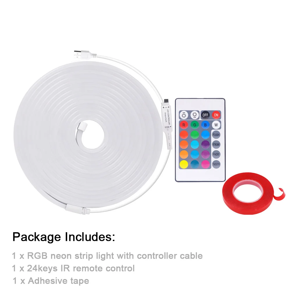 5V USB RGB LED Neon-Lichtstreifen mit 24-Tasten-Fernbedienung, Klebeband, 3535 108LED/m 6x12mm, Wasserdichte Flexible Lampe für Heimdekoration