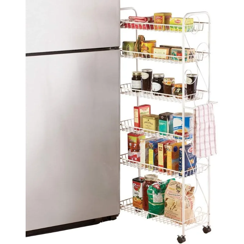 Slim Rolling Pantry 6-Tier Shelf, White Metal with Elegant Scroll Design Accent - Extra Kitchen and Bathroom Storage, 10