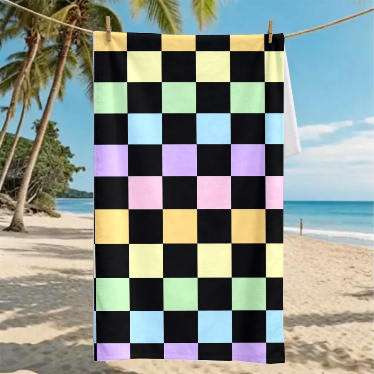 Colorful Checkered Couple-Style Beach Towel, Soft Lightweight Durable Machine Washable for Pool