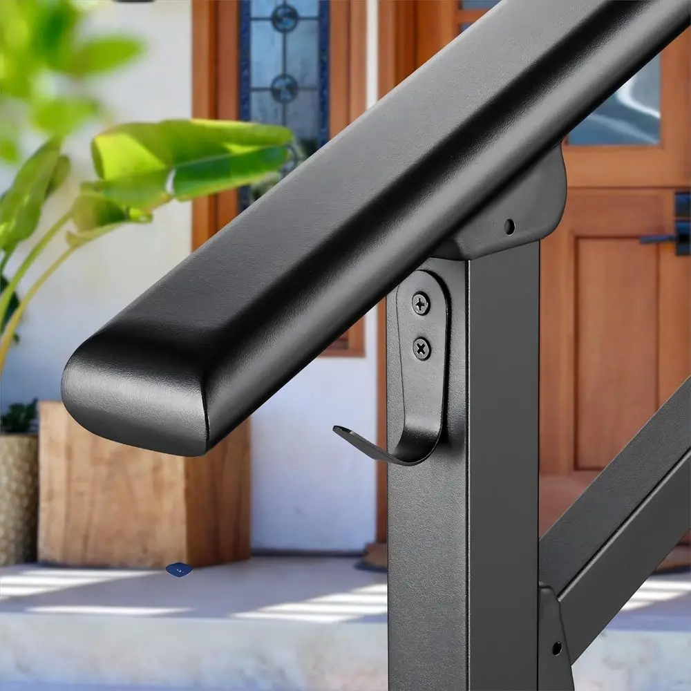 4 Steps Outdoor Handrails, Black Wrought Iron Railing for Exterior Steps, Transitional Balusters, Hook & Kit for Concrete or Woo
