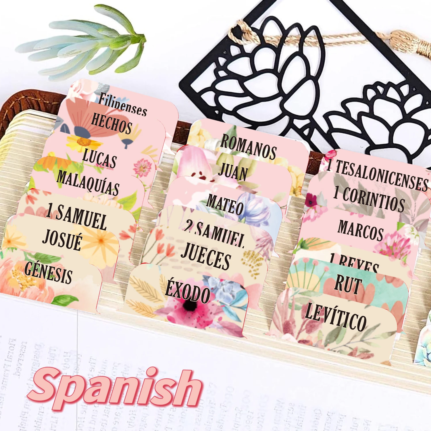 75pcs Floral Spanish Bible Tags - Laminated, Large Print Neutral Bible Tabs,Easy-To-Read Sticker Tags