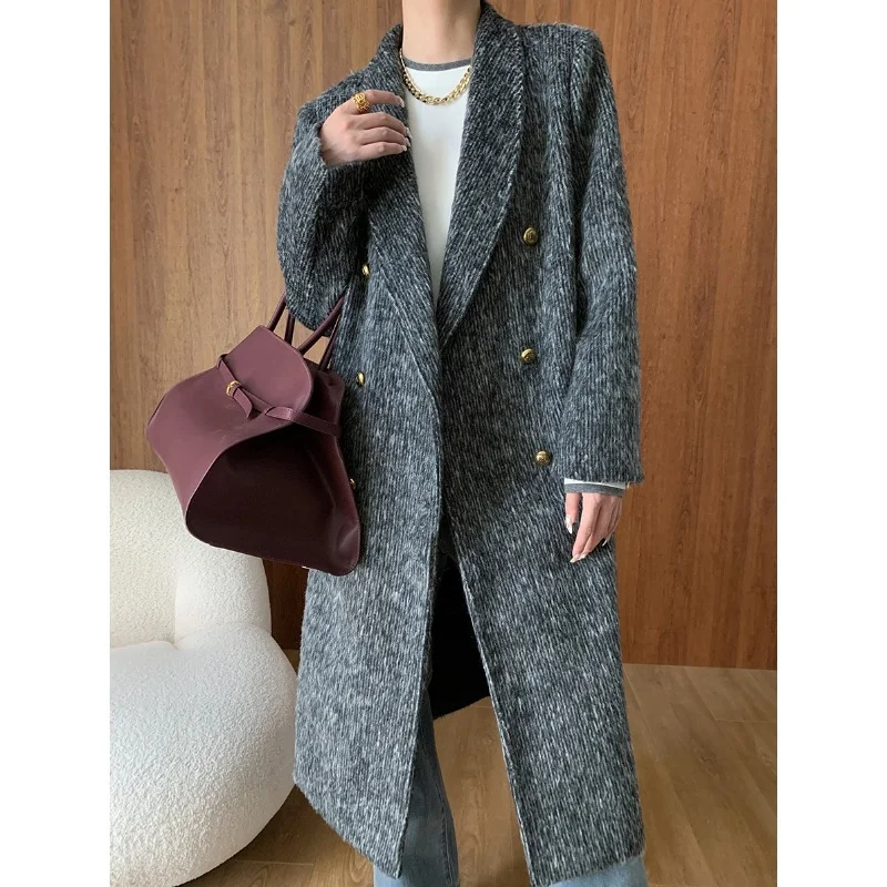 Gray Wool Double-sided Long Woolen Coat 2024 Autumn Warm Wool Fall Long Jacket