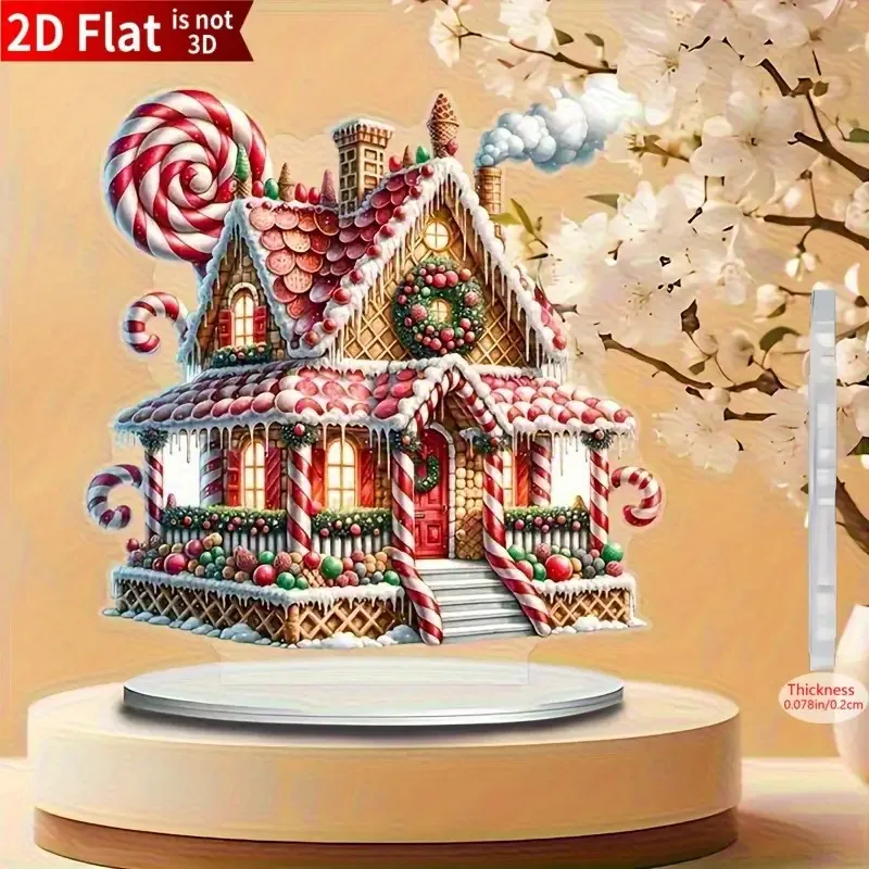 2D Flat Acrylic Christmas Gingerbread House Desktop Decoration, Includes Candy Cane, Icing Details, And Stand - Perfect Choice f