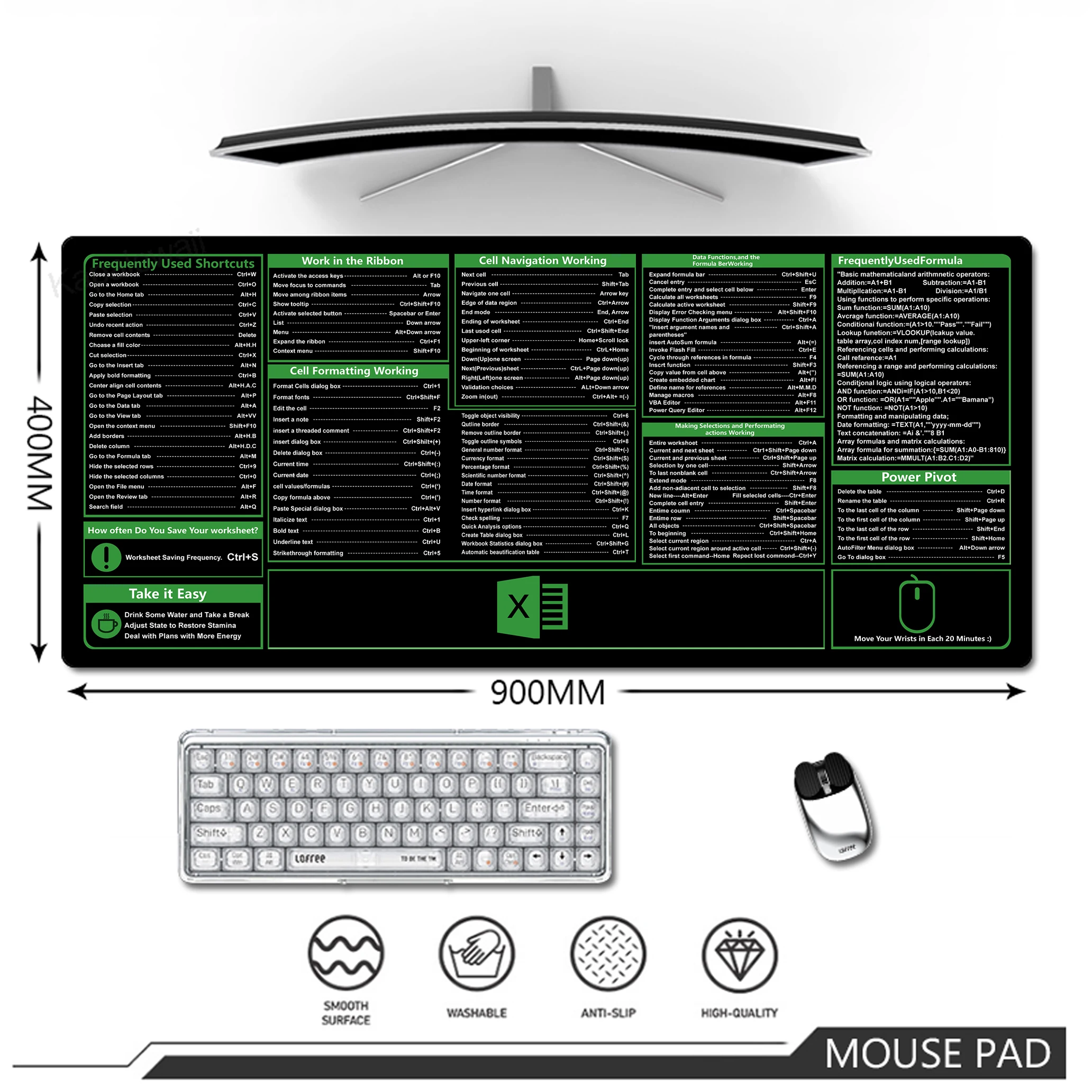 

Excel Shortcuts Programing Mouse Pad Large Keyboard Mousepad Cheat Sheet Desk Mat Stitched Edge Non-Slip Base For Engineer 80x30