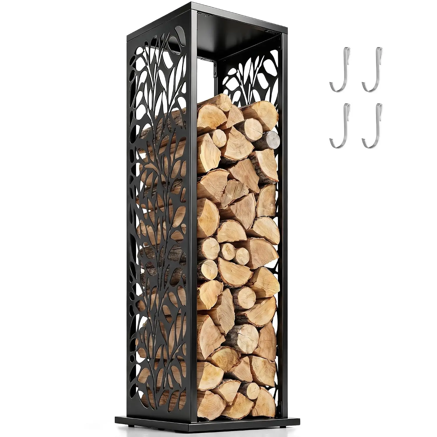 15 Inch Firewood Rack Outdoor Indoor with Cutout Design Black, Customized