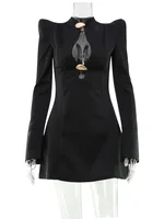 CNYISHE Metal Buckle Hollow Out Women Dresses Autum Fashion Solid O Neck Sheath Long Sleeve Sexy Club Female Bodycon Chic Robes - Image 6