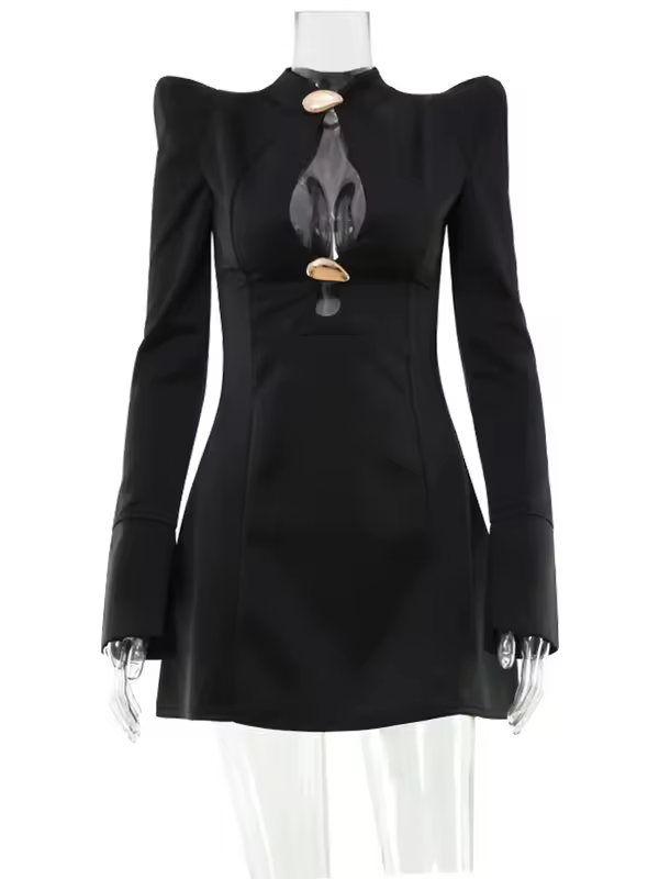 CNYISHE Metal Buckle Hollow Out Women Dresses Autum Fashion Solid O Neck Sheath Long Sleeve Sexy Club Female Bodycon Chic Robes - Image 6