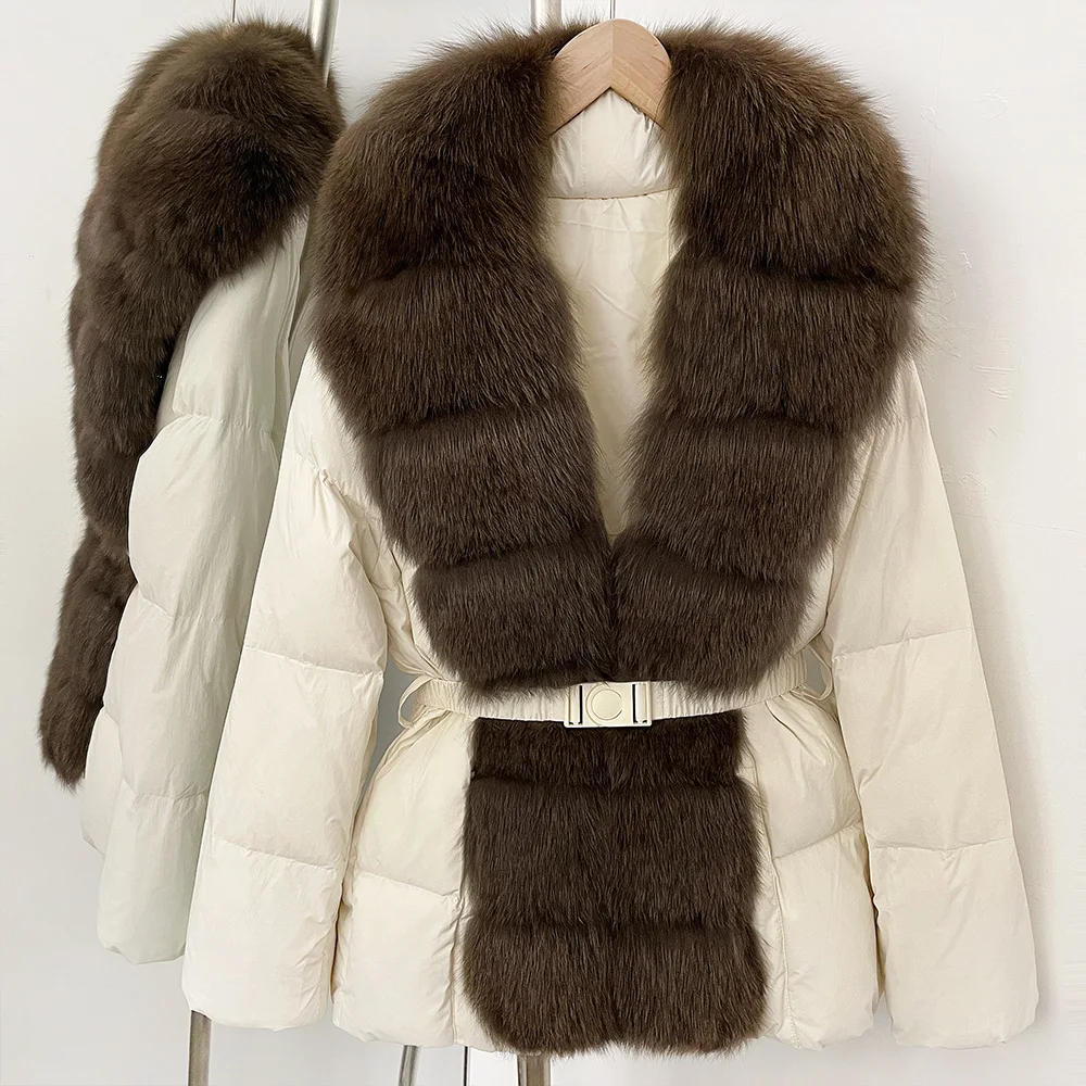 سترة نسائية شتوية لعام 2025 بخصر طويل مع ياقة من فرو الثعلب على الموضة الفرنسية #3