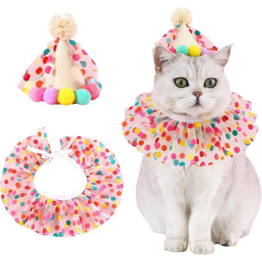 

Шляпа на день рождения для домашних животных, комплект шарфов, костюмы для щенков, милый кружевной наряд для кошек, наряд для собаки, красочные точки B, помпон, конусная шляпа, кошка, с днем рождения D