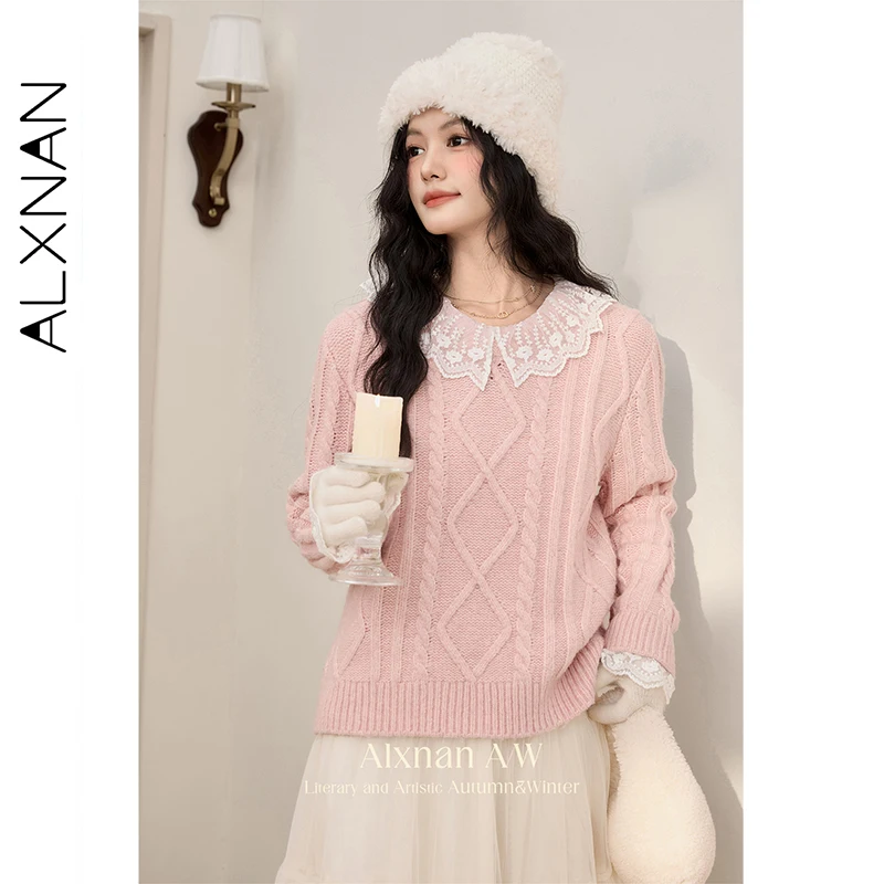 

ALXNAN поддельные свитера из 2 предметов для женщин, лоскутный кружевной пуловер с круглым вырезом и манжетами с ромбовидной текстурой, осень-зима 202, милый джемпер L51801