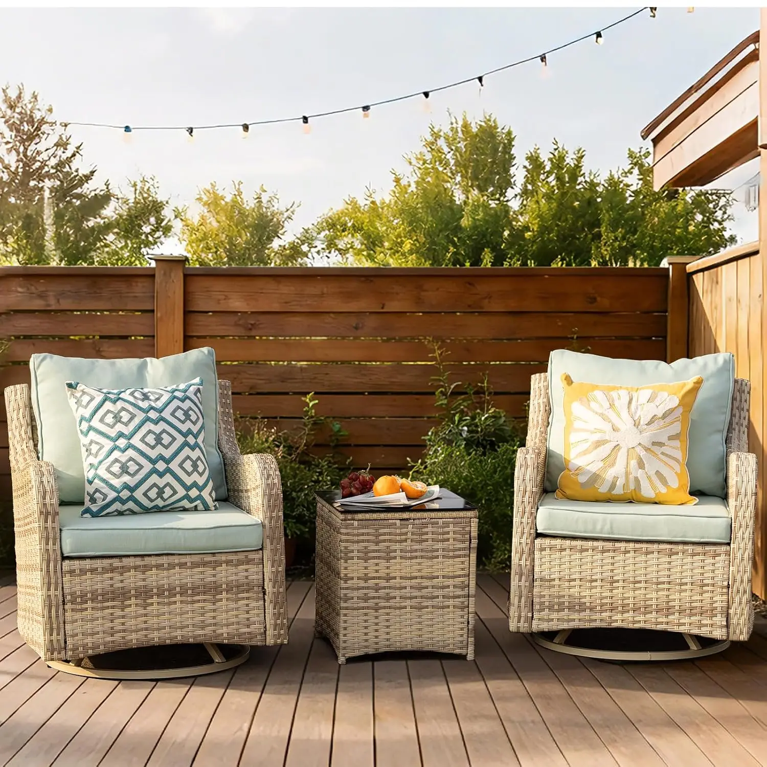 3-Piece Patio Swivel Rocker Chair Washable Cushion Glass Table Rattan Set Lawn Backyard Porch, Customized