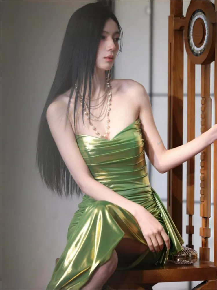 Gold green boob top cutaway dress with pleated waist