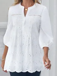Women's Fashion Shirt Top White Lace Hollow Out V-Neck Pullover Casual Loose Shirt Tops Summer Elegant Office Womens Clothing