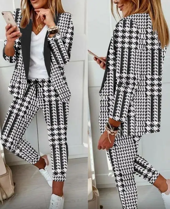 Two Piece Sets Women Outfits Fashion Long Sleeve Houndstooth Print Elegant Blazer Coat & Drawstring Work Pants Set 2023 Autumn