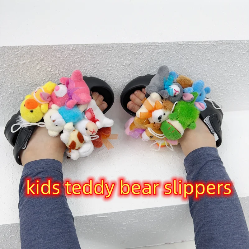 Cartoon Kids Teddy Bear Slippers Girl And Women Floor Plush Cotton Furry Warm Slippers Children Fluffy Teddy Bear Slides Boy