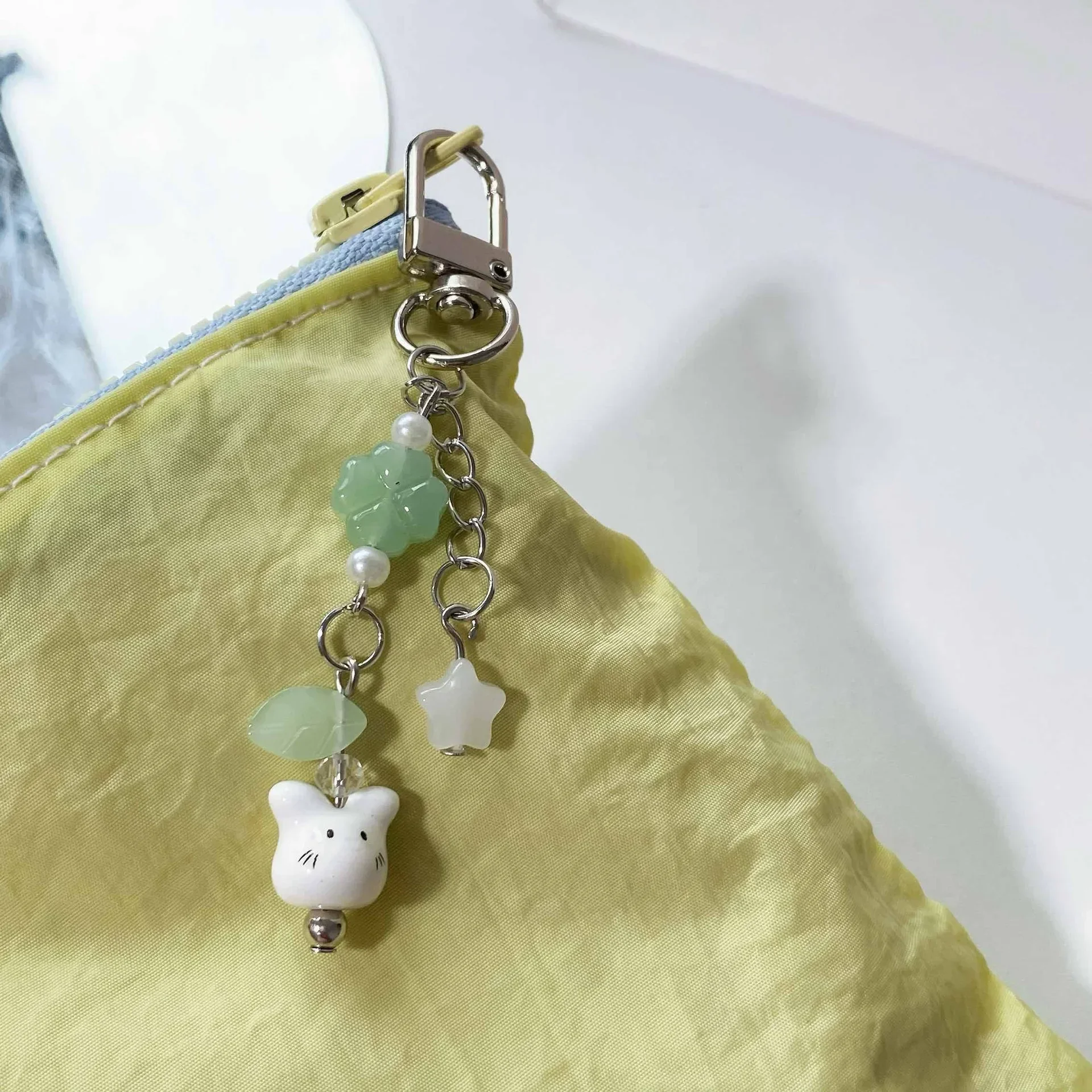 Handmade Four Leaf Clover Beaded Phone Charm Y2K Cute Ceramics Cat Backpack Keychain Bag Key Ring for Girls Christmas Gift image 6