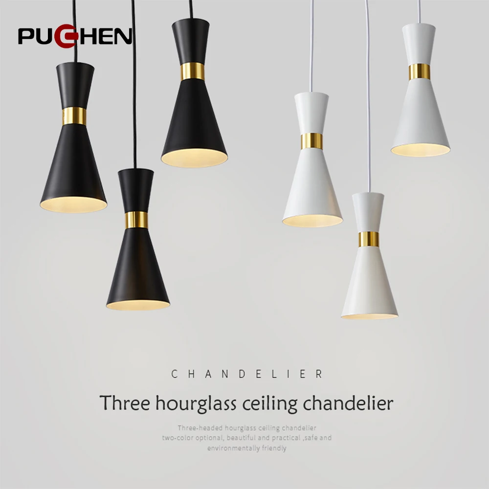 Puchen E27 Modern Chandelier Black White Iron Pendant Light Loft Retro Chandelier Lighting Fixtures  For Living Room Dining Room