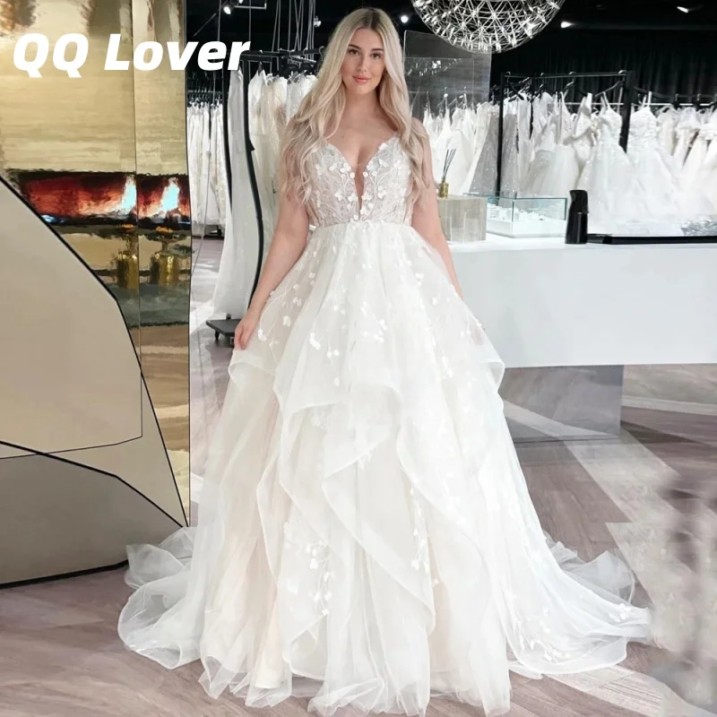 

Customized Trendy Appliques Wedding Dresses 2025 Bride Ruffles A Line Deep V Neck Sleeveless Button Tulle Vestidos De Novia