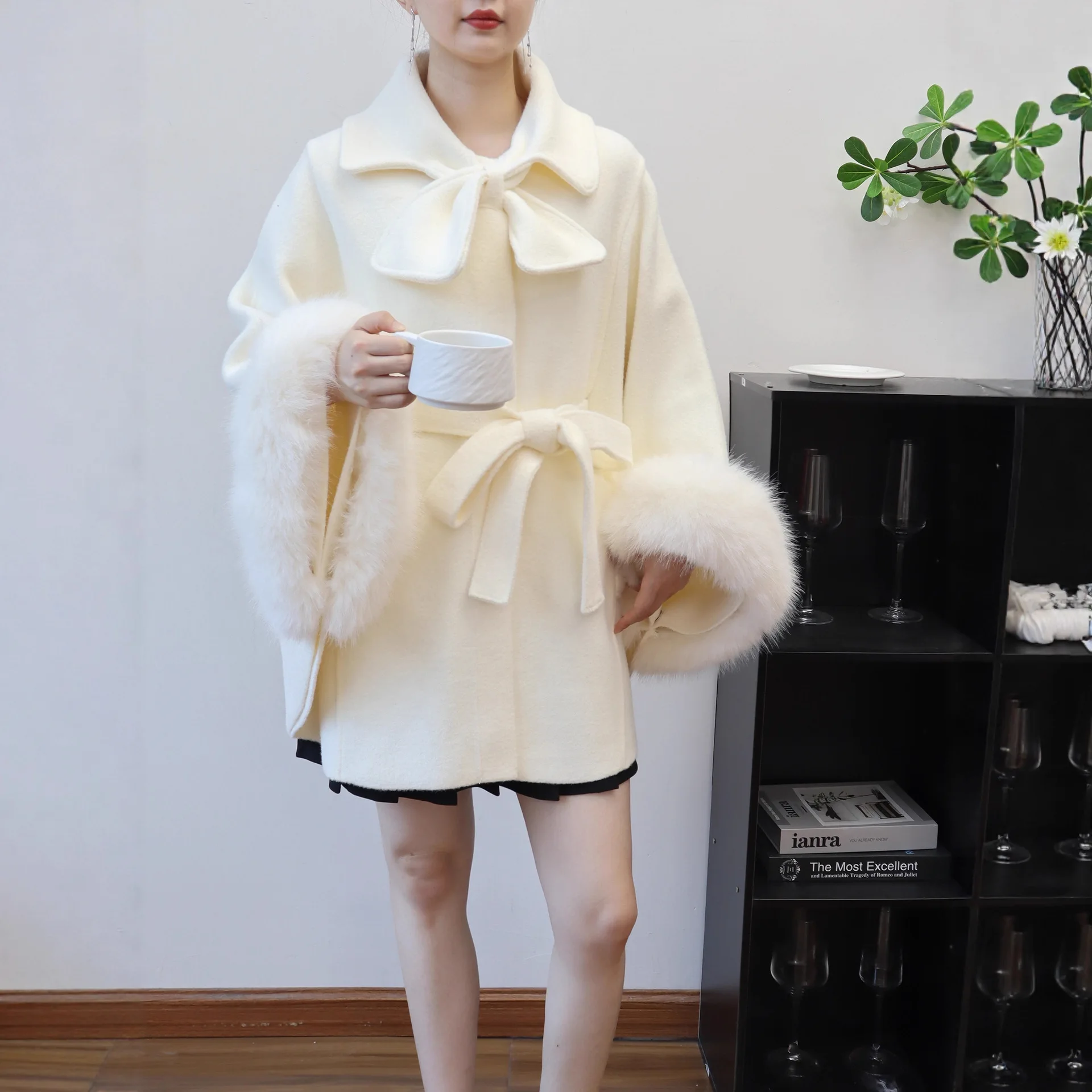 Women Cloak Coats Wool Cape Overcoats Solid Fur Cuff Lace Up Waist Bow Turn Down Collar Loose Elegant Casual Autumn Winter 2025
