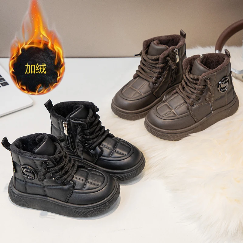 

2025 Leather Plush Boots for Children Thick Warm Boy's Girl's Winter Boots Anti-slippery Kid's Snow Boots Vintage Cotton Shoes
