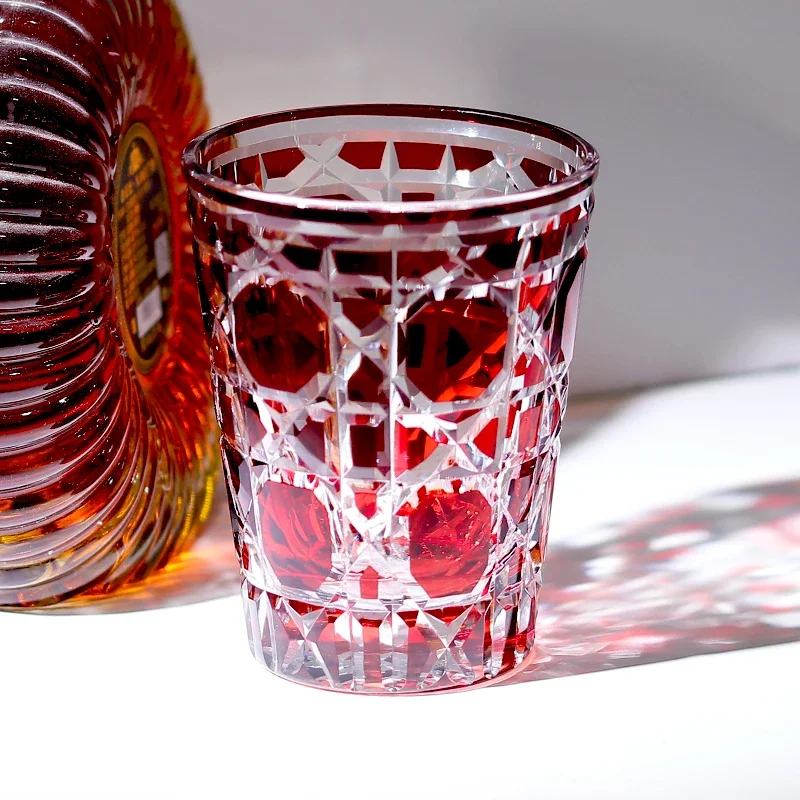 Red Handmade Highball Glass - Modern Cut Crystal Cocktail Tumbler - Art Glass for Whiskey, Iced Tea, Juice - 300ml 5