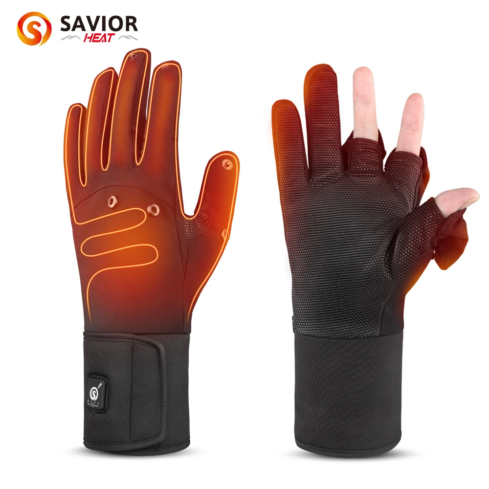 Savior Heated Fishing Gloves Waterproof Winter Fishing Gloves 2 Finger Flip Windproof Women Men Gloves