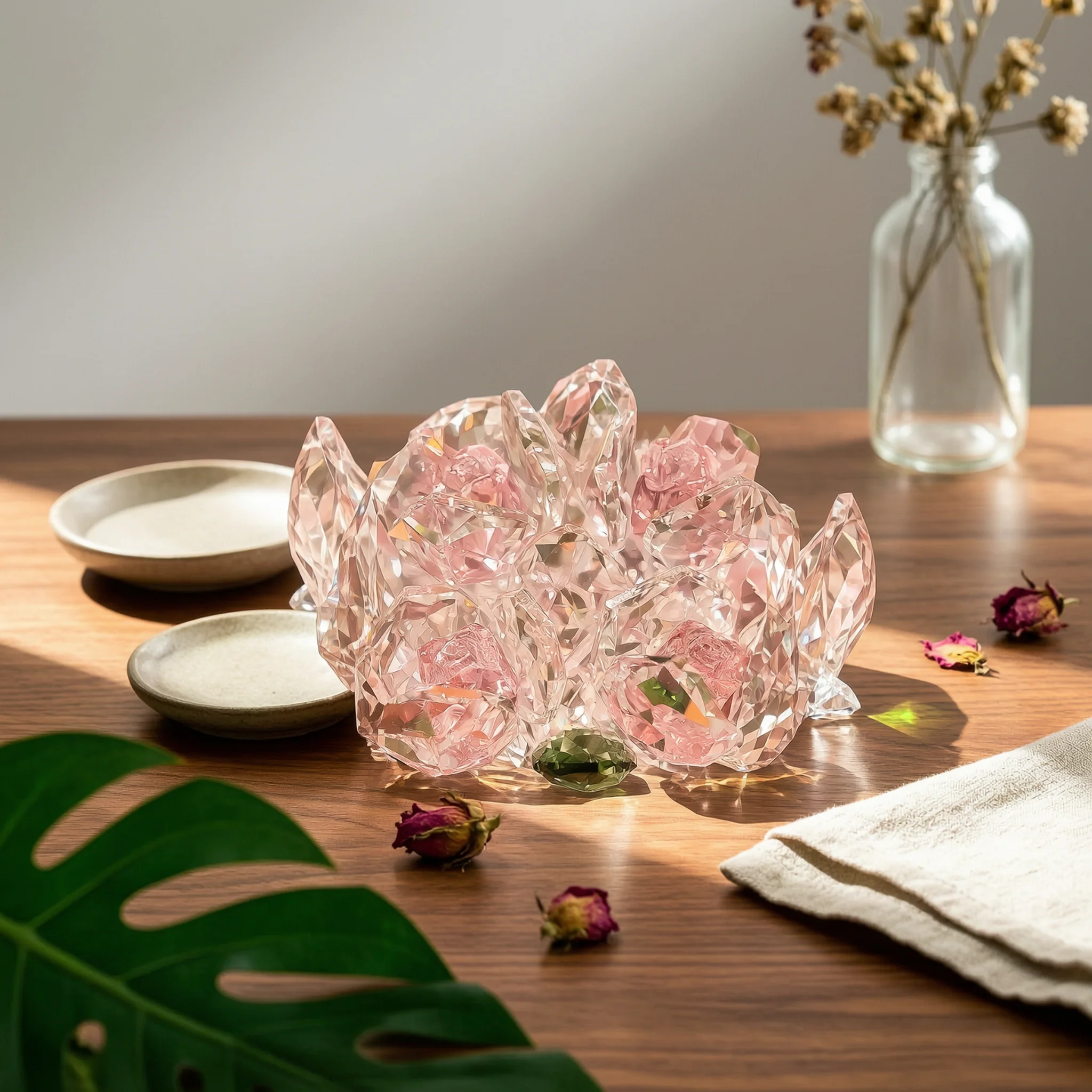 Crystal Rose Bouquet Faceted Rose Bouquet Ornament Glass Flower Figurine Compact Shimmering for Desktop, Entryway