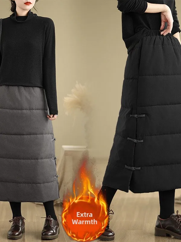 따뜻한 면 소재의 롱 스커트 하이웨이스트 A라인 스트레이트 컷 단색 예술적 스타일 겨울 2025 패션 여성 스커트