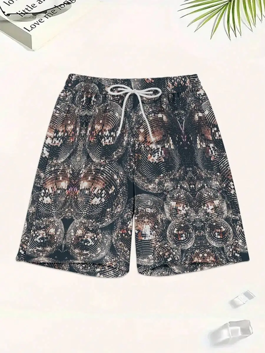 

Disco Ball Print Casual Sport Shorts With Drawstring And Side Pockets Loose Fit Polyester