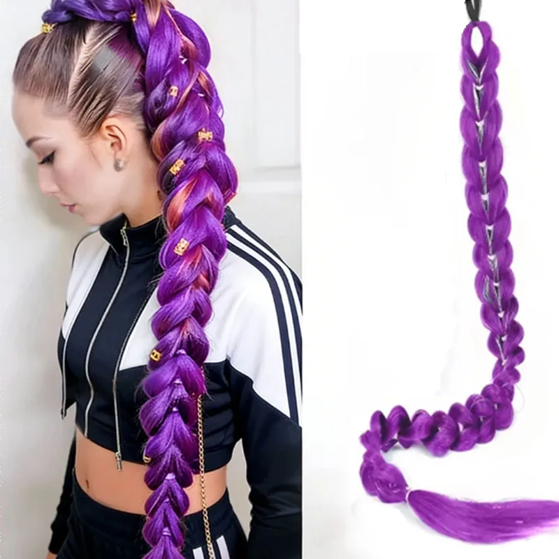 32Inch Synthetic Braids Purple Hair Ponytail  Wig Purple Silver Thread Braid Wig for Women cosplay party Halloween Gifts