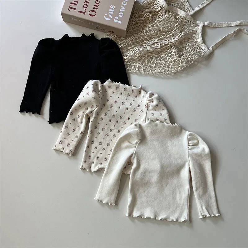 Autumn Winter Thicken Ruffle Girl Baby Solid Puff Sleeves Bottoming Shirt Children Flower Print T-shirt Kid Cotton Casual Tops