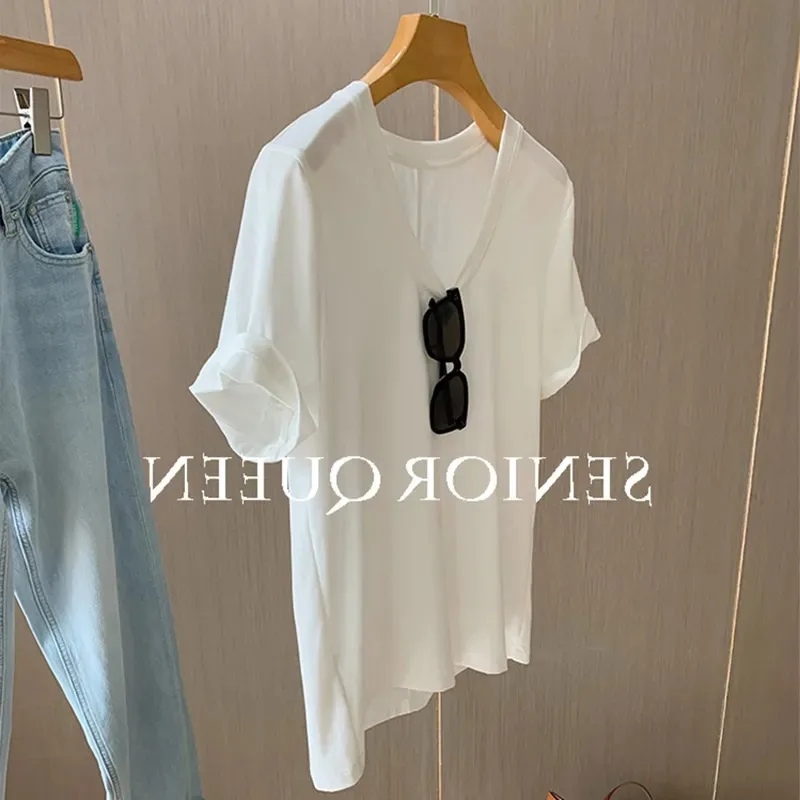 

Женская футболка с V-образным вырезом, белая, повседневная, с узлом спереди, короткий рукав, из мягкого модала, однотонная, свободного кроя, базовая модель, весна-лето