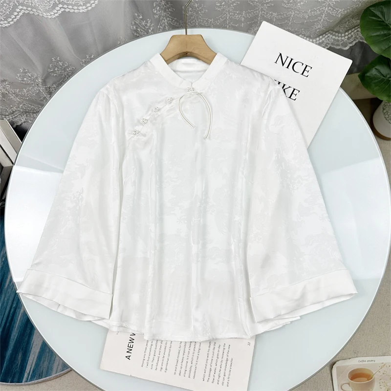 

Elegant Chinese Style Shirt Women's Small Stand Collar Seven Sleeve Floral Embroidery Side Button Design Spring Fashion
