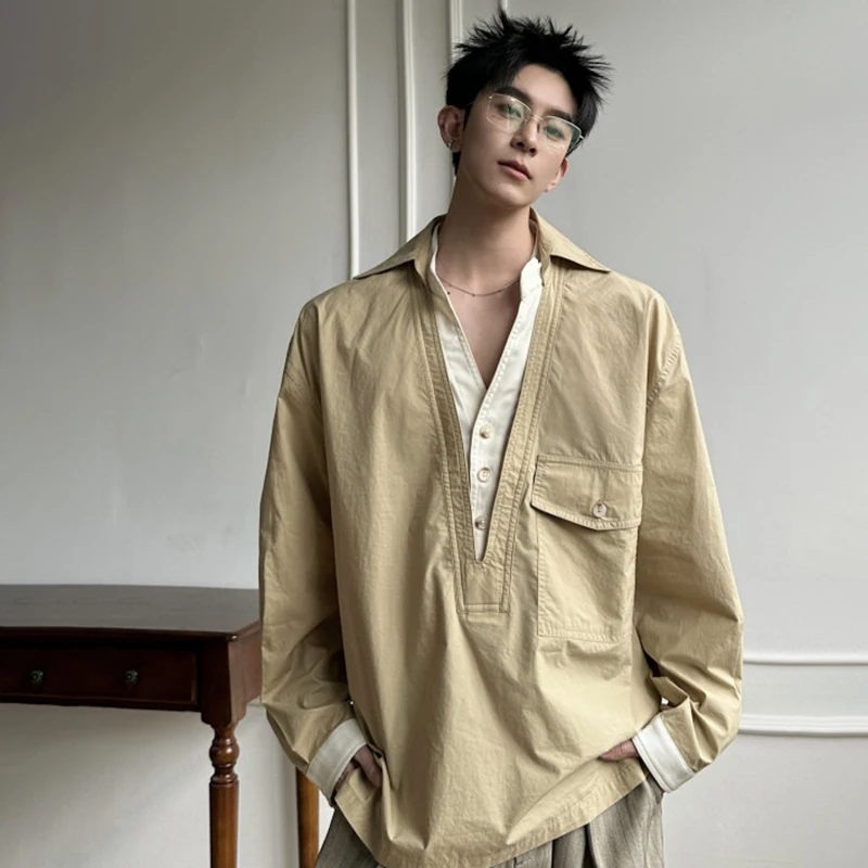 WTHT Fashion Men's Spliced Fake Two-pieve Design Casual T-shirts Trendy 2026 Summer Contrast Color V-neck Pullover Male 2A2849