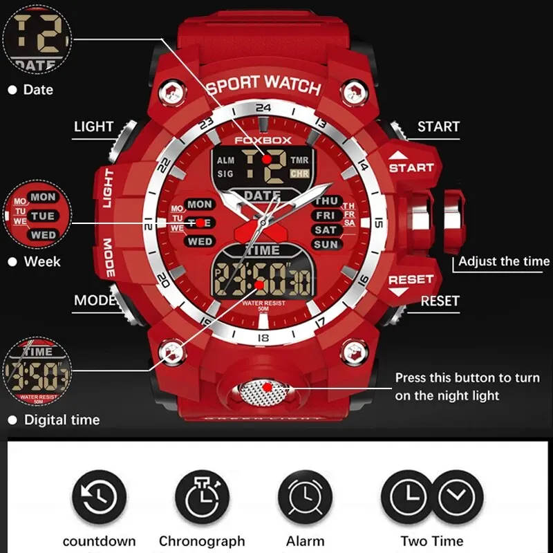 New Men Watch Dual Time LED Digital Watch for Men Waterproof Chronograph Quartz Red Military Sport Electronic Wristwatch