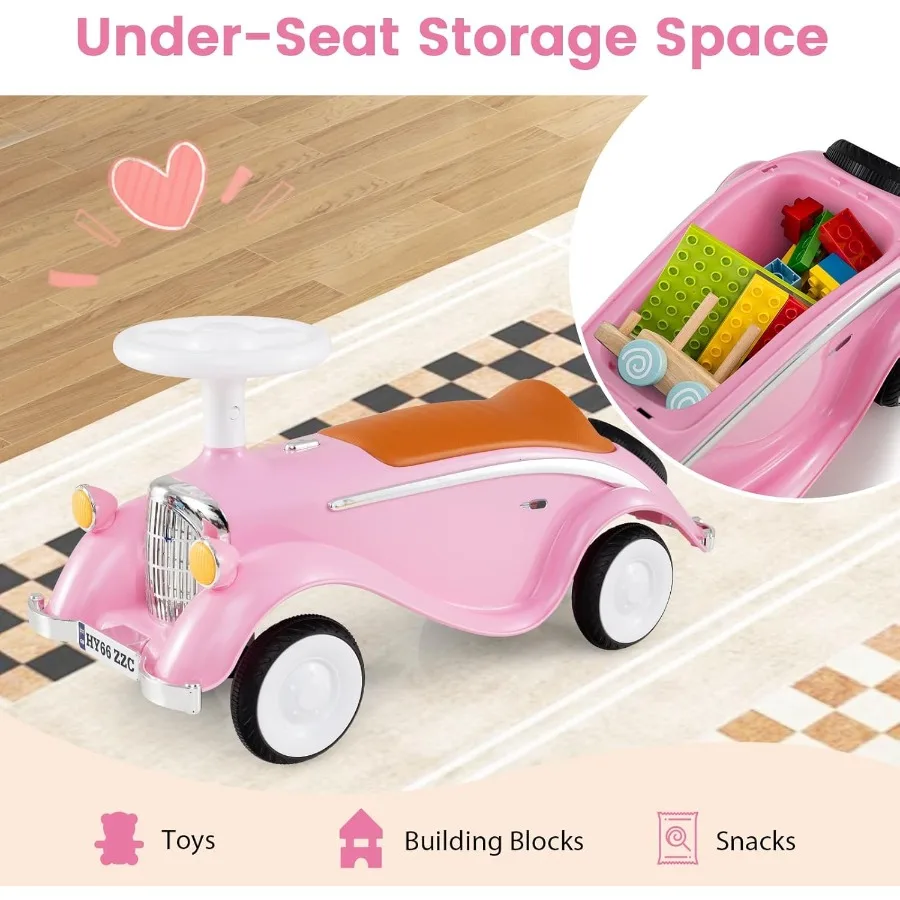 ركوب على سيارة الدفع للأطفال الصغار سيارة منزلقة من القدم إلى الأرض مع صوت عجلة القيادة وتخزين تحت المقعد بدون بطاريات ركوب O