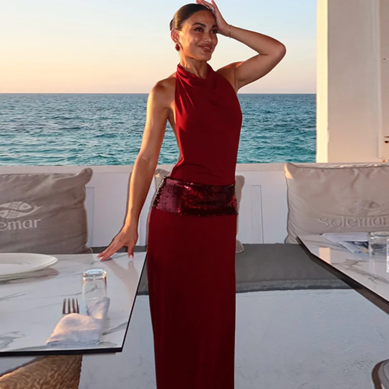 

2025 New Lady Sexy Sequin Backless Maxi Dress O Neck Slim Fit Sleeveless Summer Party Vacation Club Robes Fashion Gown Vestidos