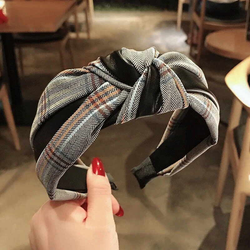 Knotted Wide Headband PU and Plaid Cloth Patchwork Hairband Hairclip Hair Accessories