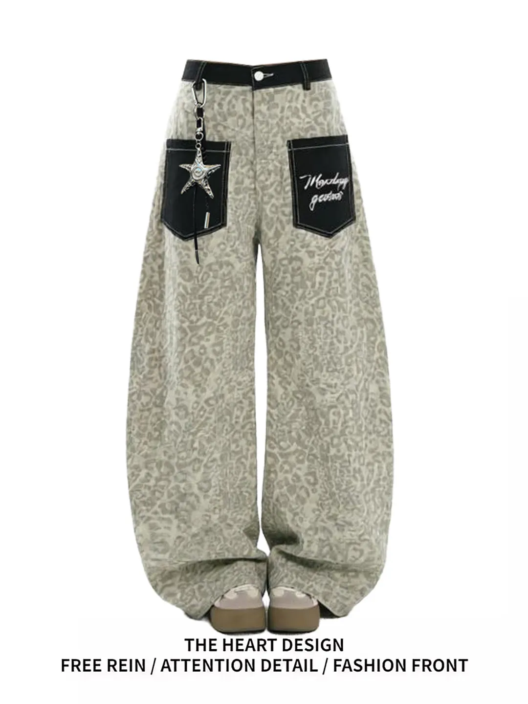 

Retro American Leopard Print Splicing Jeans Women's Spring New Design Loose Straight Leg Wide Leg Pants Knife Pants