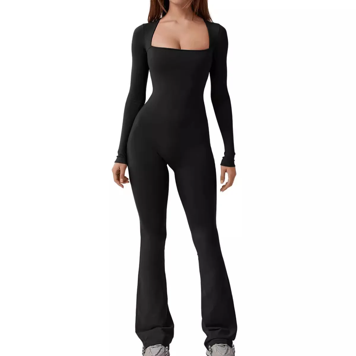 Women's Long Sleeved Abdominal Cinching Waist Cinching Hip Lifting Square Collar Wide Leg High Stretch Jumpsuit