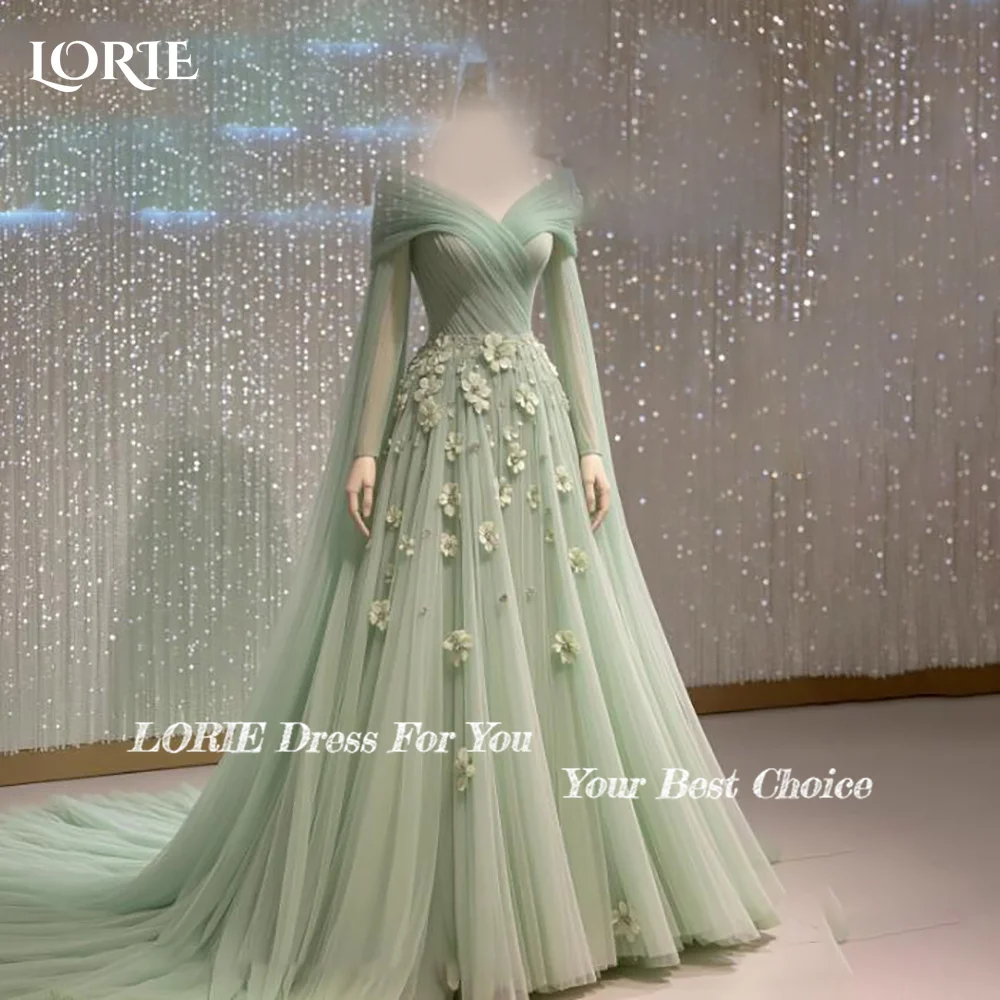 LORIE فستان الحفلات السعودية من الدانتيل بأكمام طويلة مزين على شكل حرف a فستان سهرة للحفلات الراقصة ثلاثية الأبعاد فستان حفلات الوهم على شكل زهرة نادي مخصص