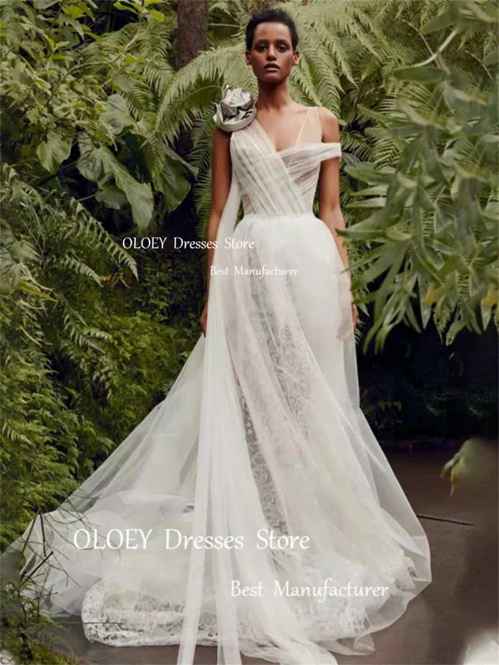 OLOEY Exquisite Embroidery Silky Tulle Wedding Dresses Photoshoot Korea Off The Shoulder Floor Length Bridal Gowns A-Line Custom