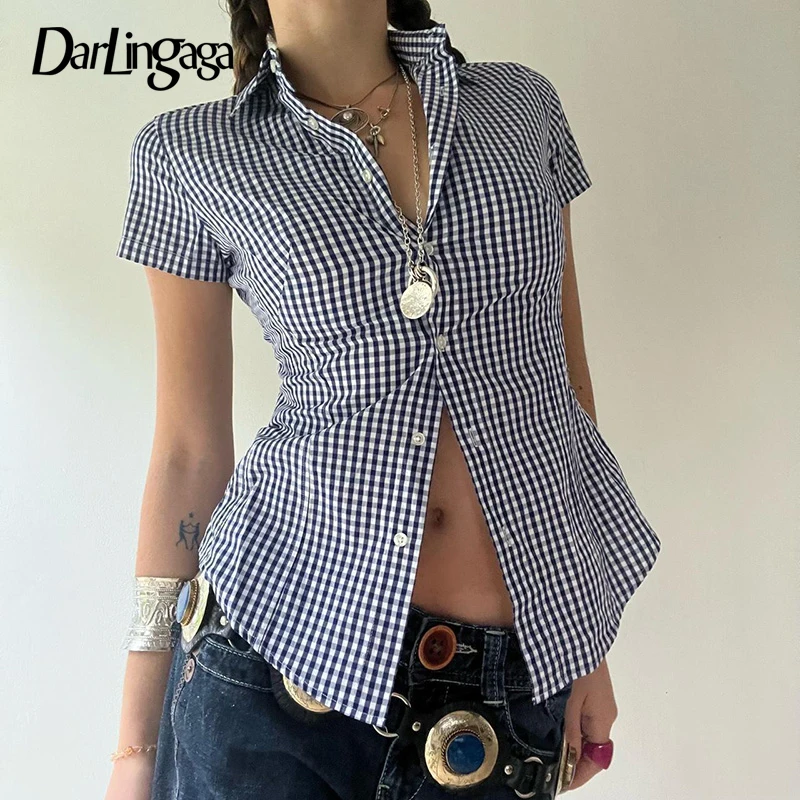 

Darlingaga Vintage Fashion Plaid Shirt Women Cropped Top Buttons-Up Cardigan Y2K Korean Style Casual Summer Blouse Short Sleeve