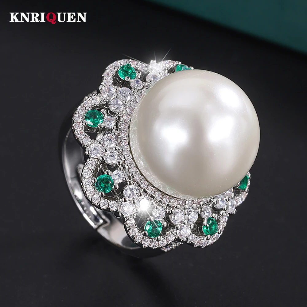 

Vintage 16MM White Gold Pearl Emerald Gemstone Rings for Women Lab Diamond Cocktail Party Fine Jewelry Wedding Accessories Gifts