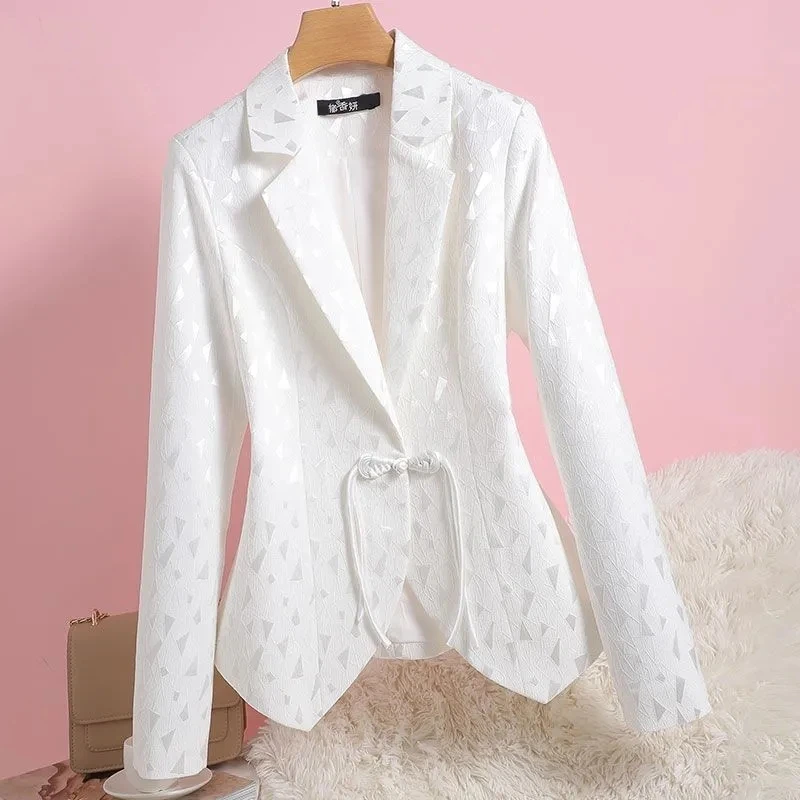 White Women Suit Coat Female Spring And Autumn 2024 New Ladies Slim Lace-up Outcoat  Fashion Age-reducing Lady Small Suit Coats